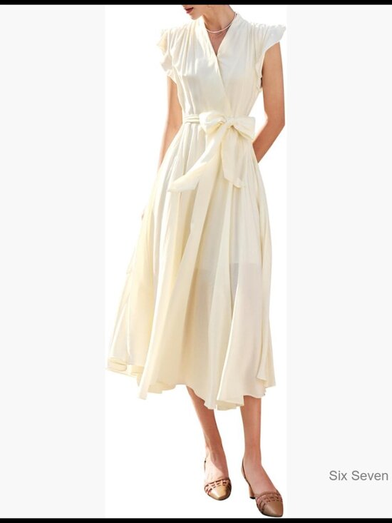 Dresses & Skirts - Viscose Polyester Flowing A-Line Midi Dress with Waist Tie